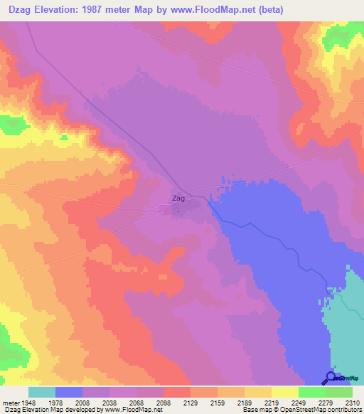 Dzag,Mongolia Elevation Map
