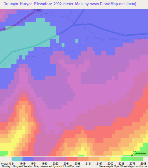Duutayn Huryee,Mongolia Elevation Map
