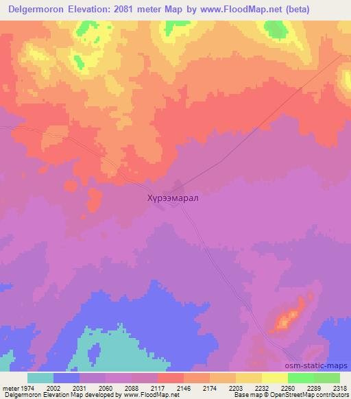 Delgermoron,Mongolia Elevation Map
