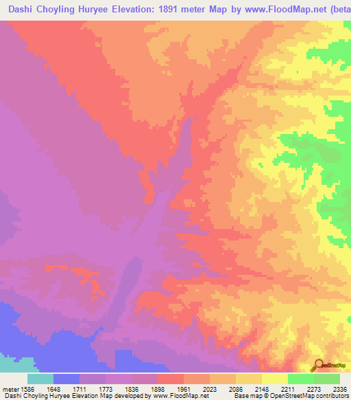 Dashi Choyling Huryee,Mongolia Elevation Map