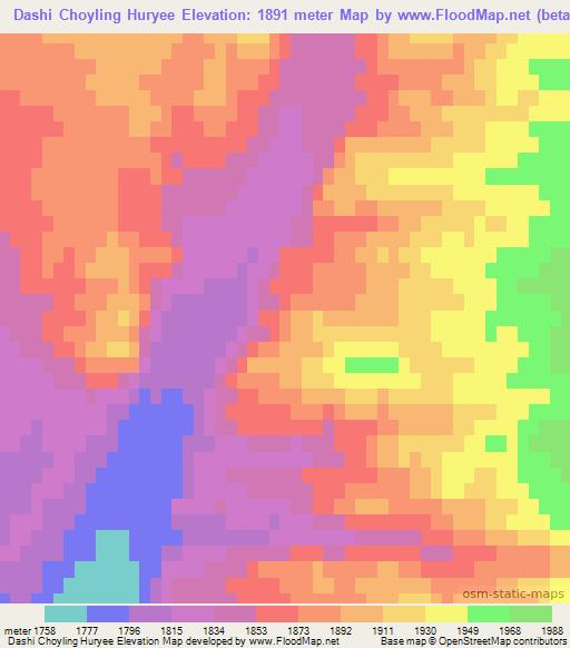 Dashi Choyling Huryee,Mongolia Elevation Map