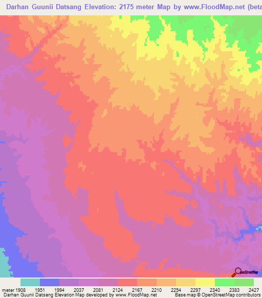 Darhan Guunii Datsang,Mongolia Elevation Map