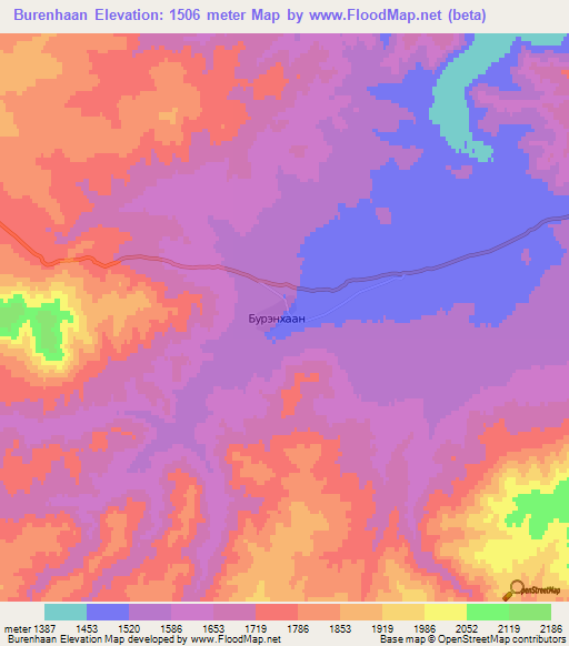 Burenhaan,Mongolia Elevation Map