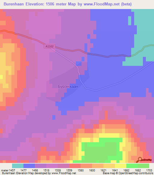Burenhaan,Mongolia Elevation Map