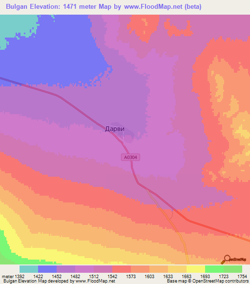 Bulgan,Mongolia Elevation Map