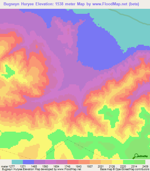 Bugseyn Huryee,Mongolia Elevation Map