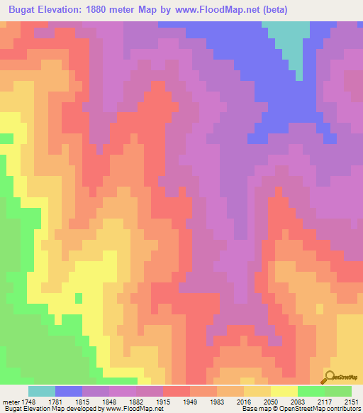 Bugat,Mongolia Elevation Map