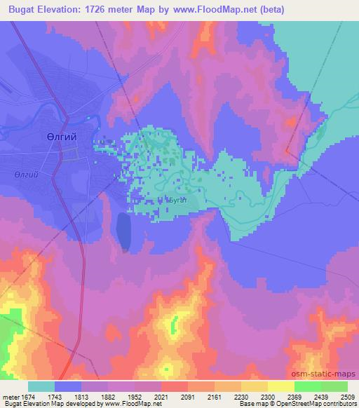 Bugat,Mongolia Elevation Map