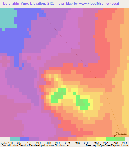 Borchzhin Yurts,Mongolia Elevation Map