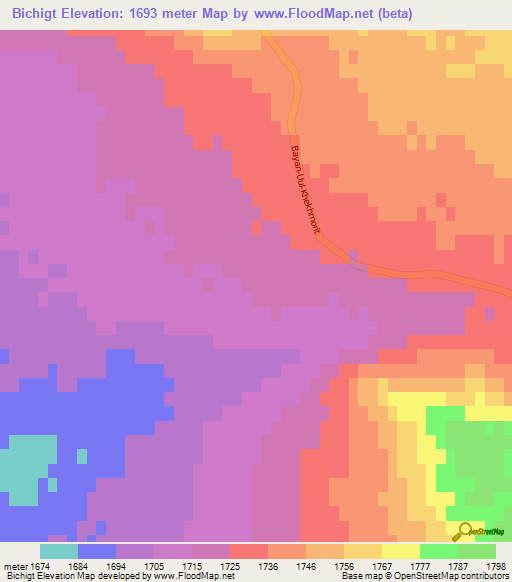 Bichigt,Mongolia Elevation Map
