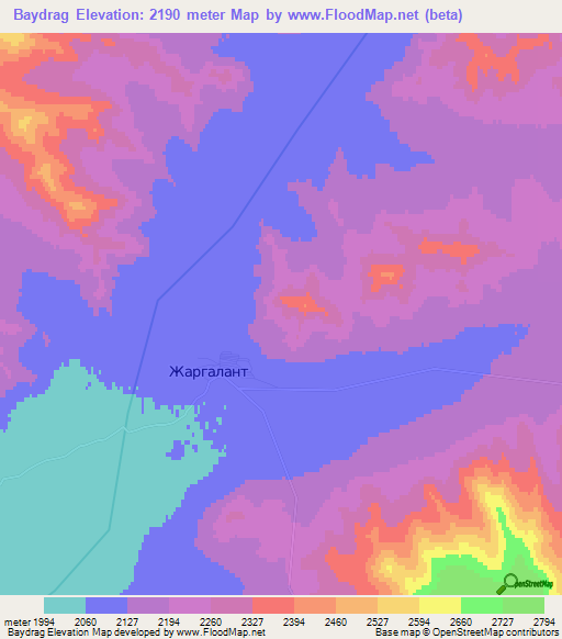 Baydrag,Mongolia Elevation Map
