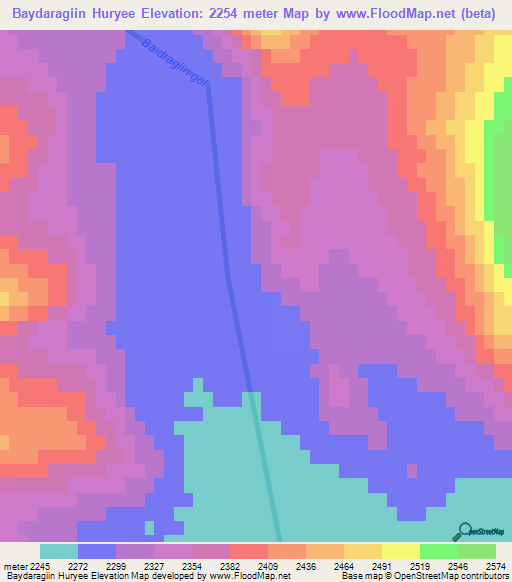 Baydaragiin Huryee,Mongolia Elevation Map