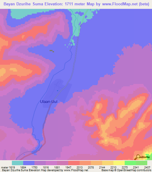 Bayan Dzurihe Suma,Mongolia Elevation Map