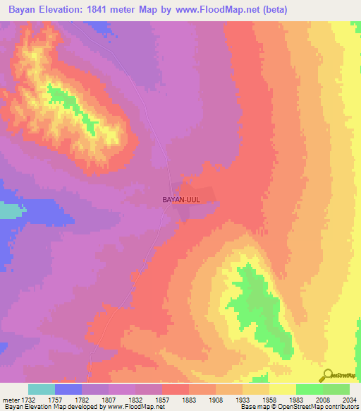 Bayan,Mongolia Elevation Map