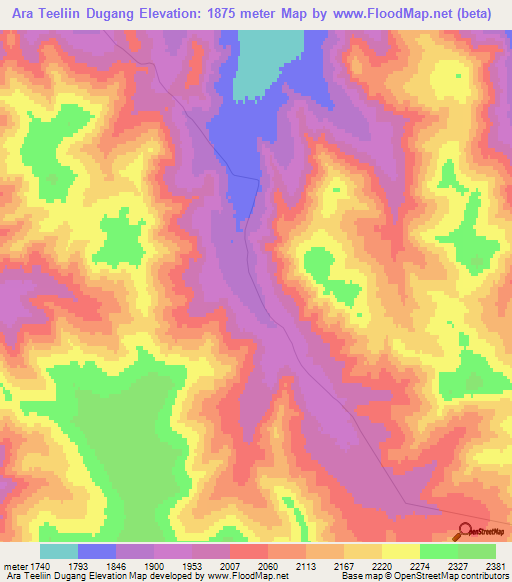 Ara Teeliin Dugang,Mongolia Elevation Map