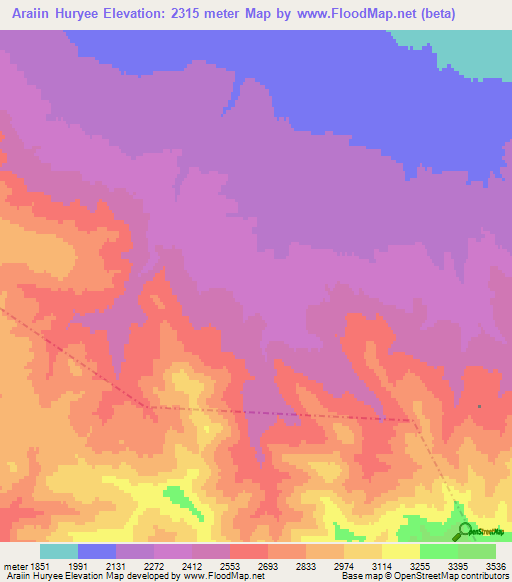 Araiin Huryee,Mongolia Elevation Map