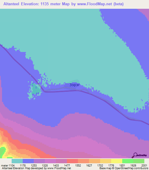 Altanteel,Mongolia Elevation Map