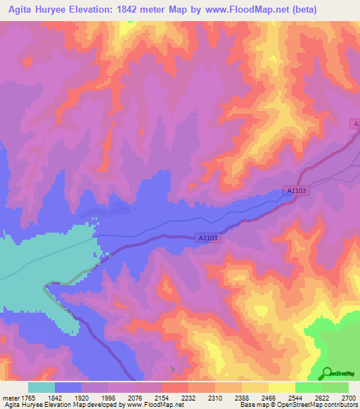 Agita Huryee,Mongolia Elevation Map
