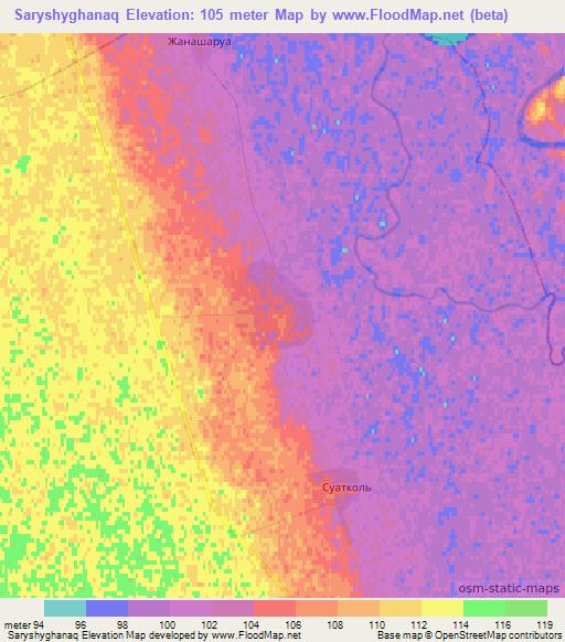 Saryshyghanaq,Kazakhstan Elevation Map