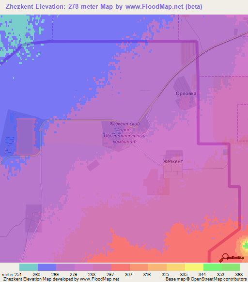 Zhezkent,Kazakhstan Elevation Map