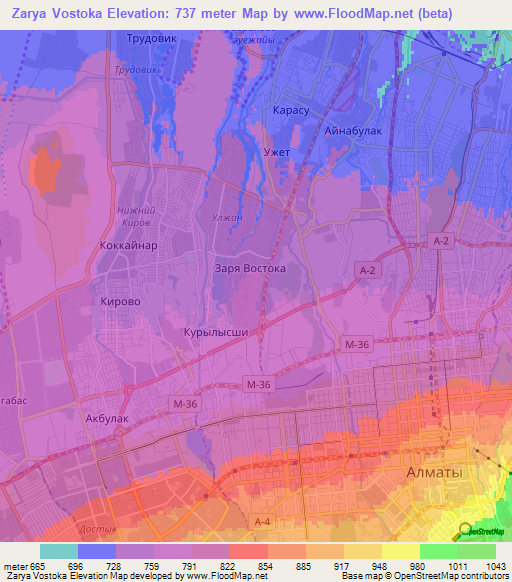 Zarya Vostoka,Kazakhstan Elevation Map