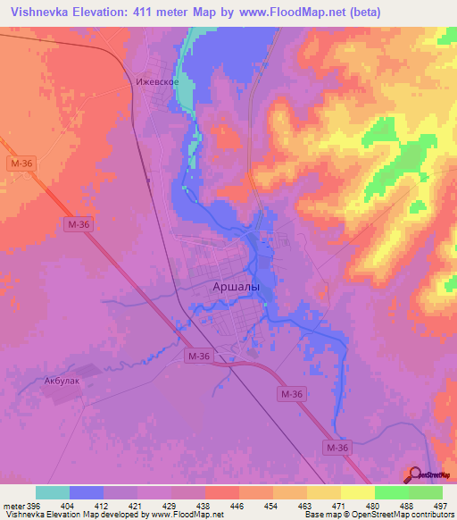 Vishnevka,Kazakhstan Elevation Map