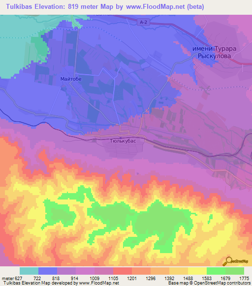 Tulkibas,Kazakhstan Elevation Map