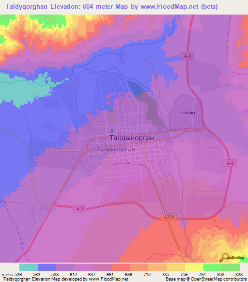Taldyqorghan,Kazakhstan Elevation Map
