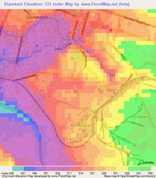 Shymkent,Kazakhstan Elevation Map