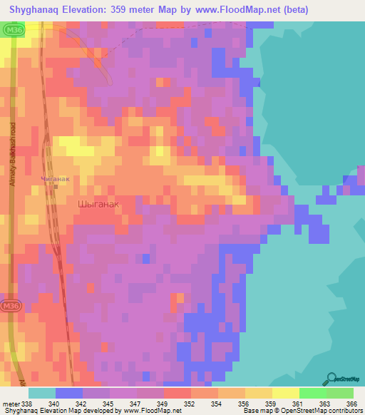 Shyghanaq,Kazakhstan Elevation Map