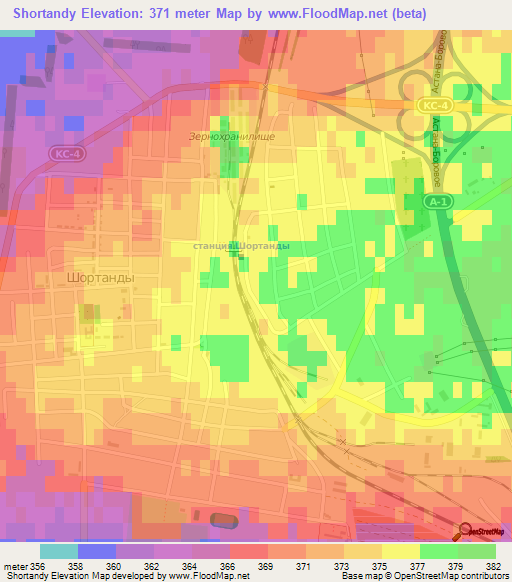Shortandy,Kazakhstan Elevation Map