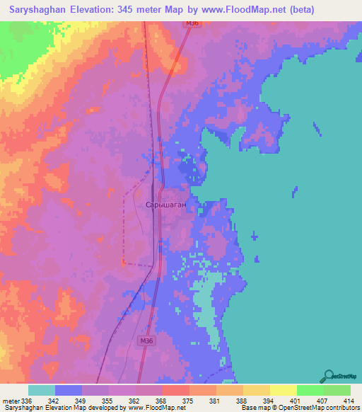 Saryshaghan,Kazakhstan Elevation Map