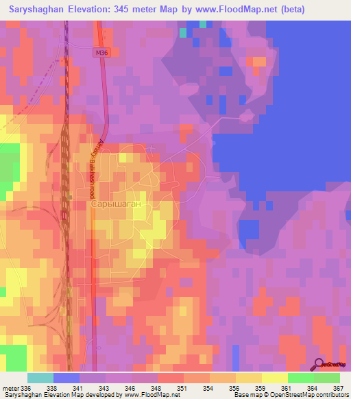 Saryshaghan,Kazakhstan Elevation Map