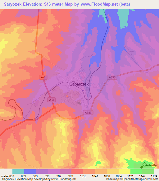 Saryozek,Kazakhstan Elevation Map