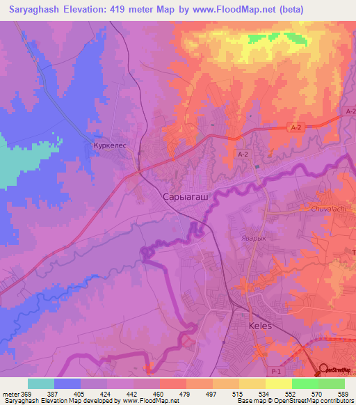 Saryaghash,Kazakhstan Elevation Map