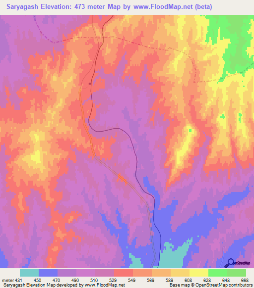 Saryagash,Kazakhstan Elevation Map