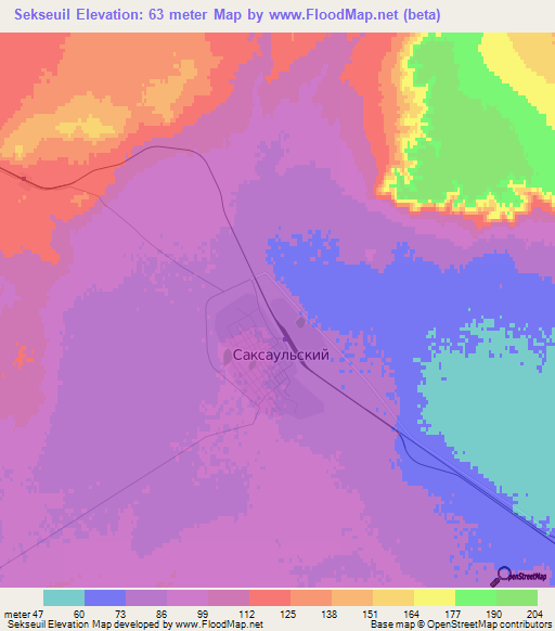 Sekseuil,Kazakhstan Elevation Map