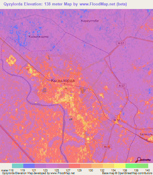 Qyzylorda,Kazakhstan Elevation Map