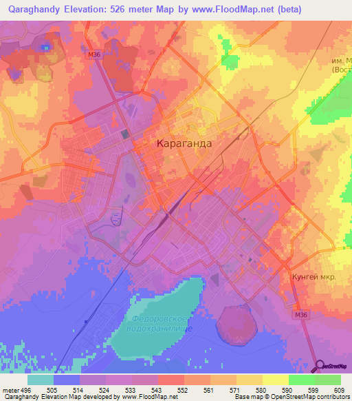 Qaraghandy,Kazakhstan Elevation Map