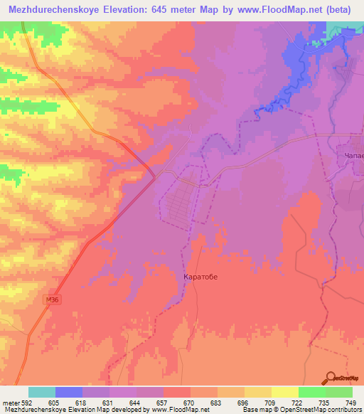 Mezhdurechenskoye,Kazakhstan Elevation Map