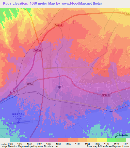 Kuqa,China Elevation Map