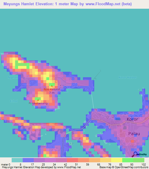 Meyungs Hamlet,Palau Elevation Map