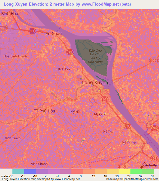 Long Xuyen,Vietnam Elevation Map