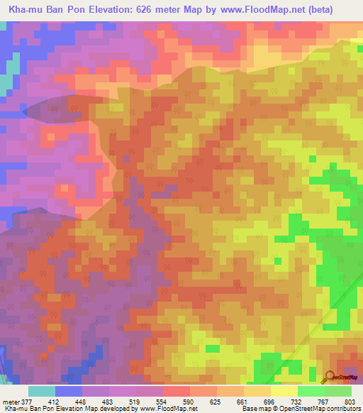 Kha-mu Ban Pon,Thailand Elevation Map