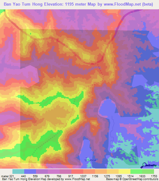 Ban Yao Tum Hong,Thailand Elevation Map