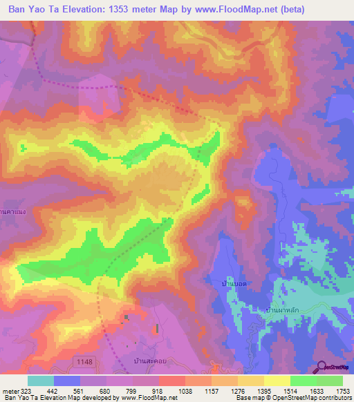 Ban Yao Ta,Thailand Elevation Map