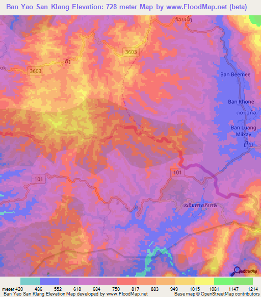 Ban Yao San Klang,Thailand Elevation Map