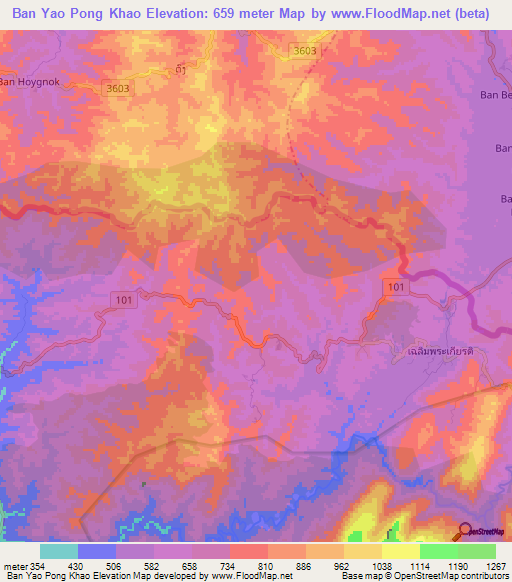 Ban Yao Pong Khao,Thailand Elevation Map