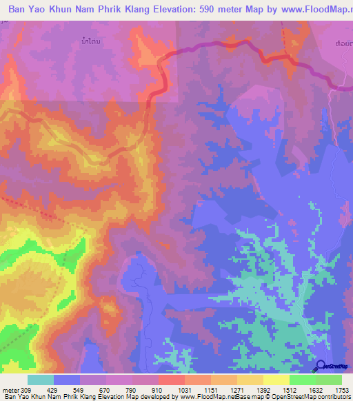 Ban Yao Khun Nam Phrik Klang,Thailand Elevation Map