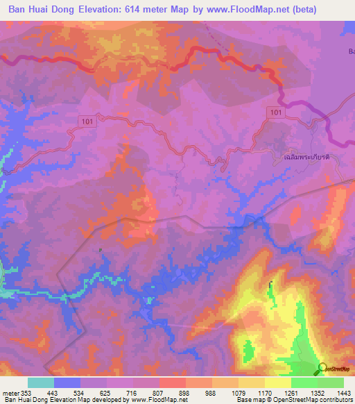 Ban Huai Dong,Thailand Elevation Map